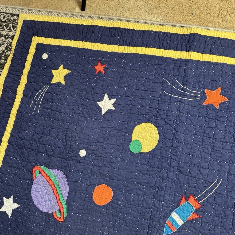 Vintage Space Quilt Twin Size 82x61.5 Rocket Planet Solar System Kids Blanket - Picture 9 of 16